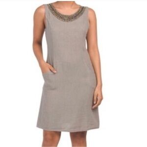 Lina Tomei Italian Linen Shift Dress M Taupe Beaded Jewel Neck Sleeveless Resort